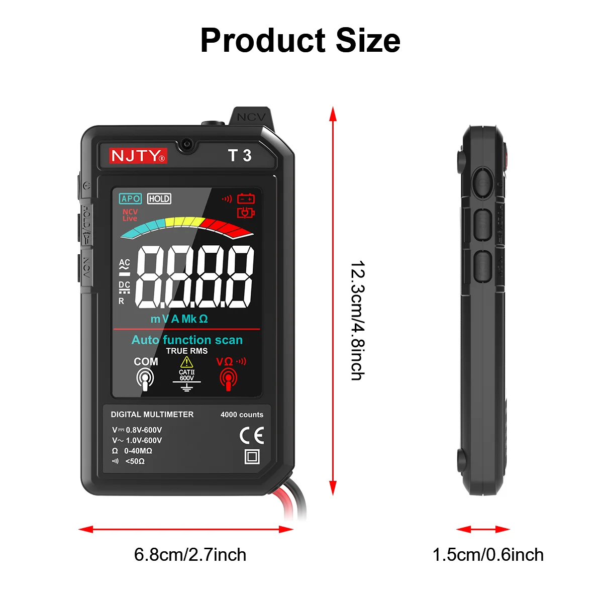 NJTY T3 MINI Smart Digital Multimeter Color Screen USB Rechargeable 4000 Counts Auto Ranging Voltage  Resistance NCV Live Wire