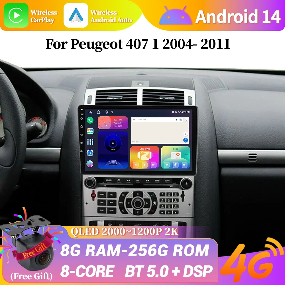 

Автомобильный радиоприемник Android 14, мультимедийная навигация для Peugeot 407 1 2004-2011, стерео беспроводной Bluetooth Carplay, сенсорный экран головного устройства