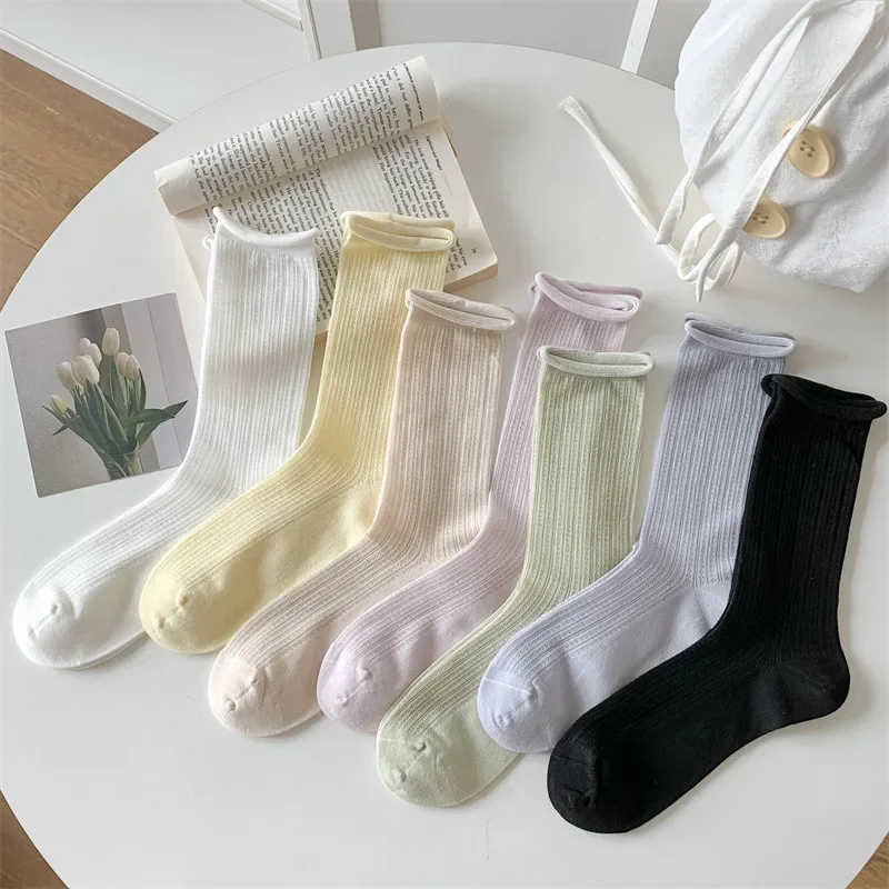 

7 пар дышащих носков из хлопка, впитывающих пот, для женщин, весенне-летние модели, с закругленным краем, бесшовные, однотонные, повседневные носки