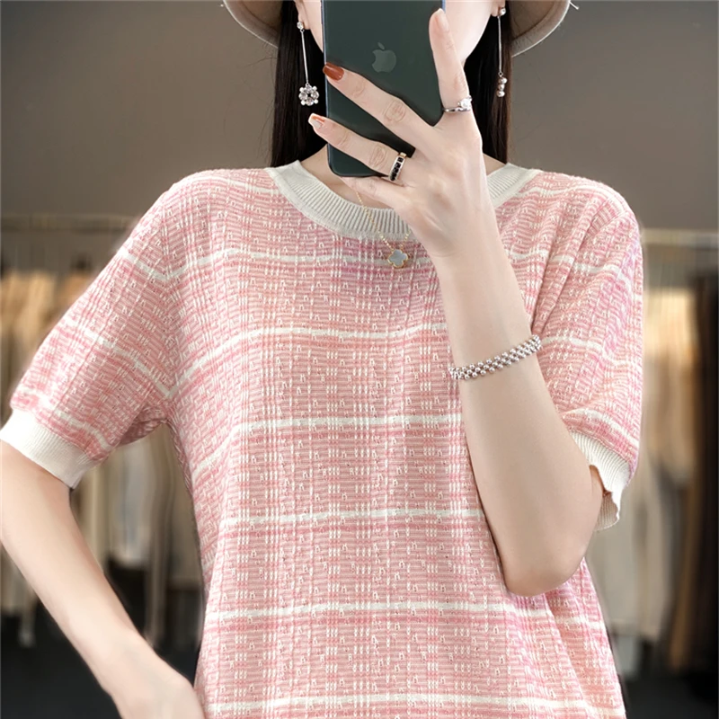 

Women's New 100% Cotton Short-sleeved Tees Sweater O-neck Grid Color Contrast Pullover Vest Summer Knitted Bottoming T-shirt