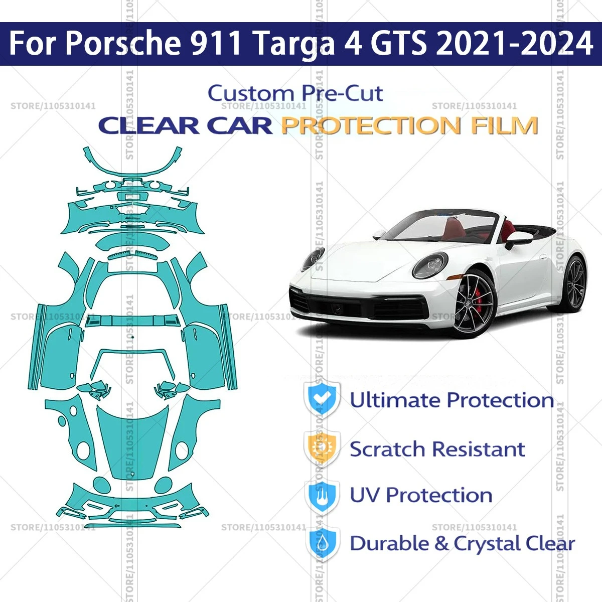 

Защитная пленка PPF для Porsche 911 Targa 4 GTS 2021-2024, предварительно вырезанная, прозрачная, профессиональная автомобильная пленка