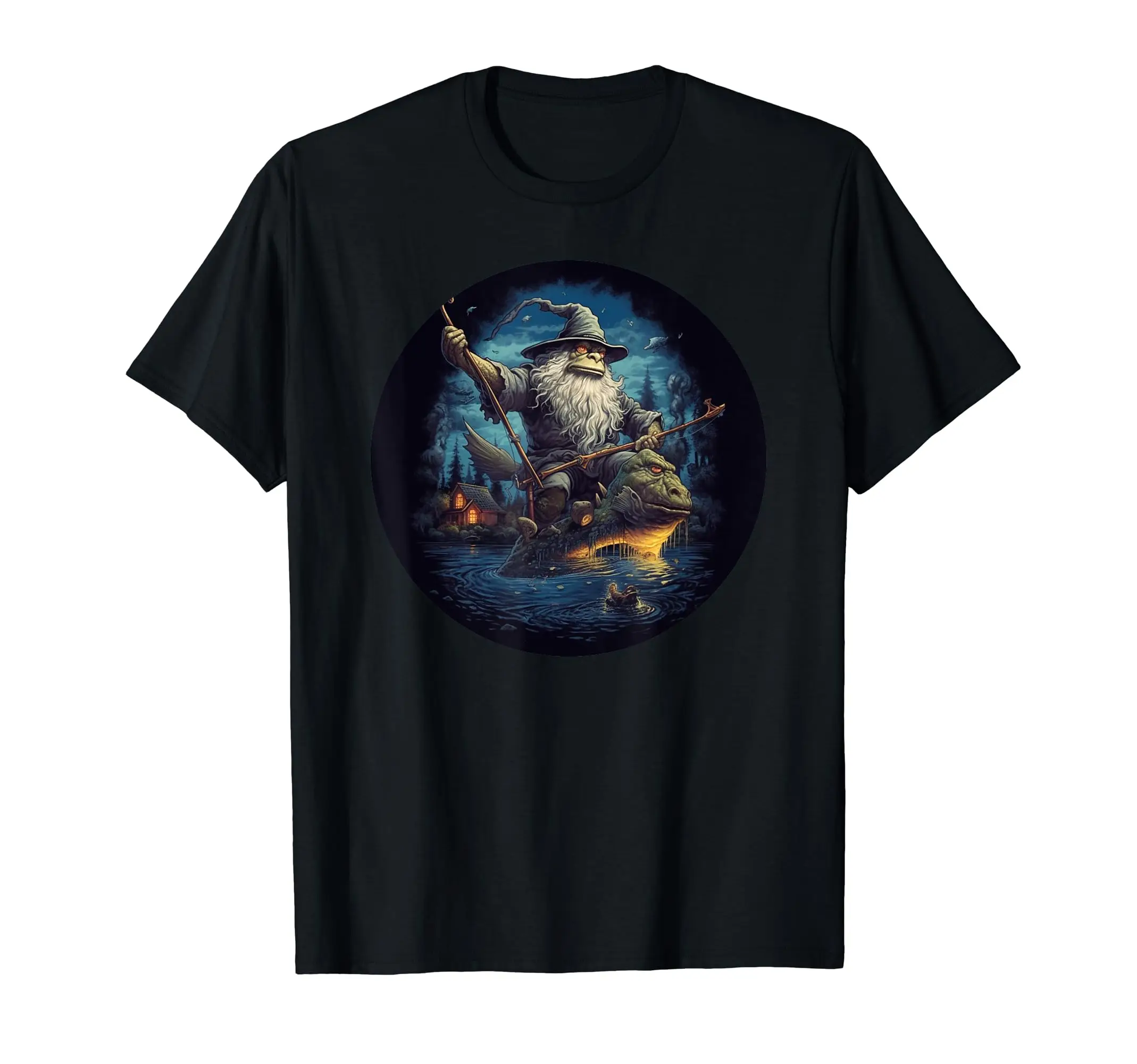 

Nordic Wizard Rides Fish Gnome Fishing T Enchanted Forest T-Shirt
