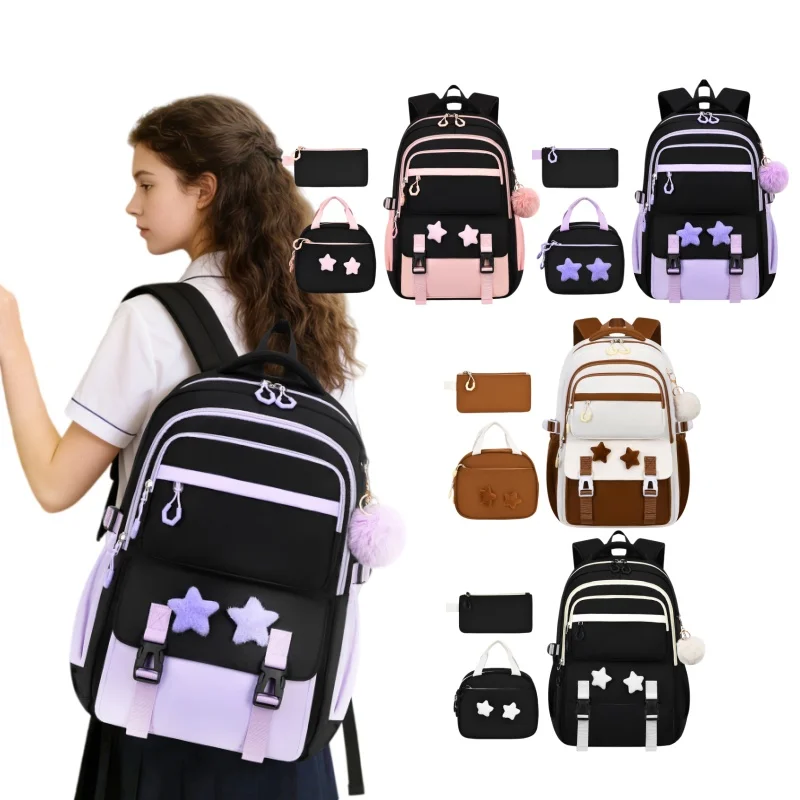 

3pcs School Backpack With Lunch Bag Pencil Case Large Capacity Lightweight Breathable For Teen Female Students Daily Campus