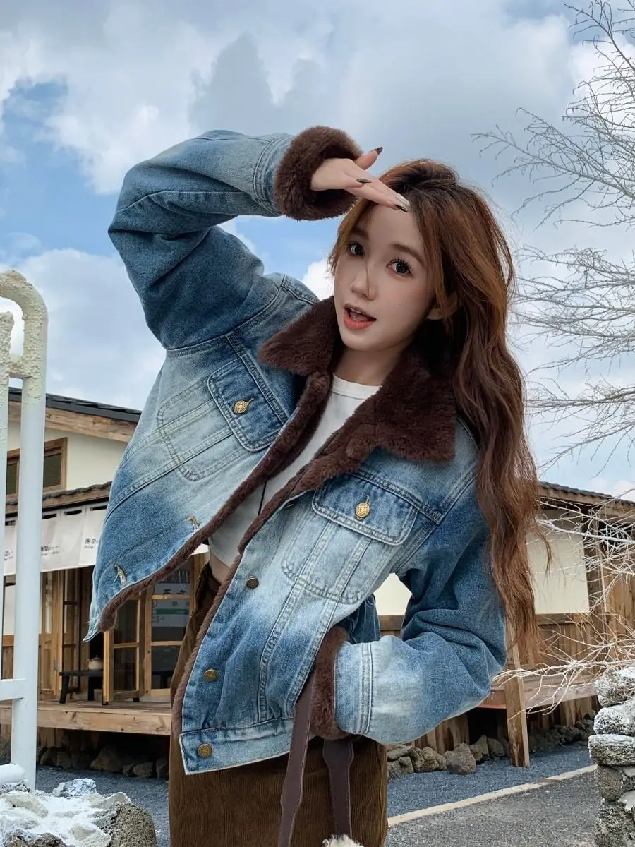 

Denim Coat Belt Fur Plush Womens Fall Hooded Patchwork Snap Button Outcoats Grunge Festival Professional Chic College Jackets BF