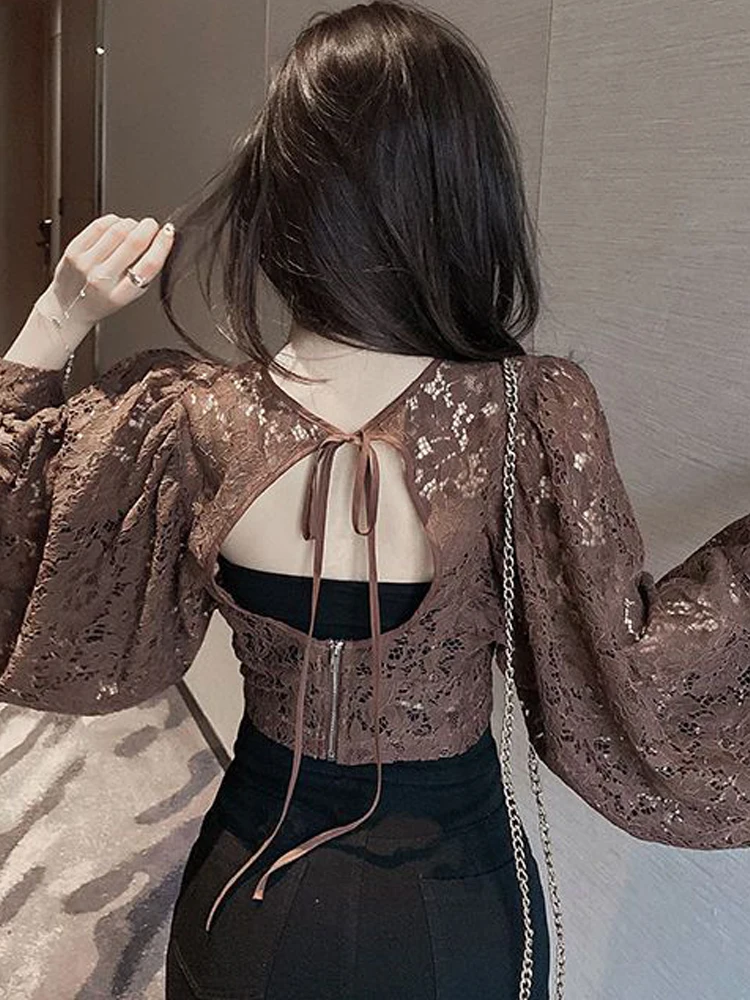 

Sexy Lace Shirts Women Fashion Hollow Out Blouse Female Summer Long Sleeve Crop Top Ladies Elegant Slim Backless Bandage Blusas