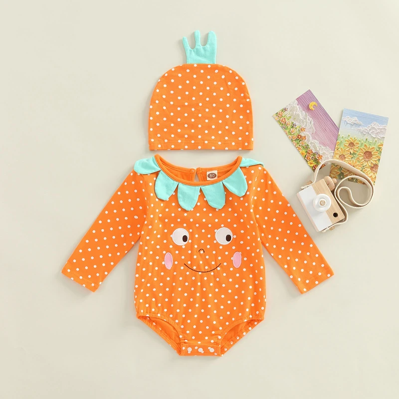 

Infant Halloween Costume Set with Adorable Pumpkin Print Romper and Matching Hat for Baby Girl or Boy Cosplay Outfit for