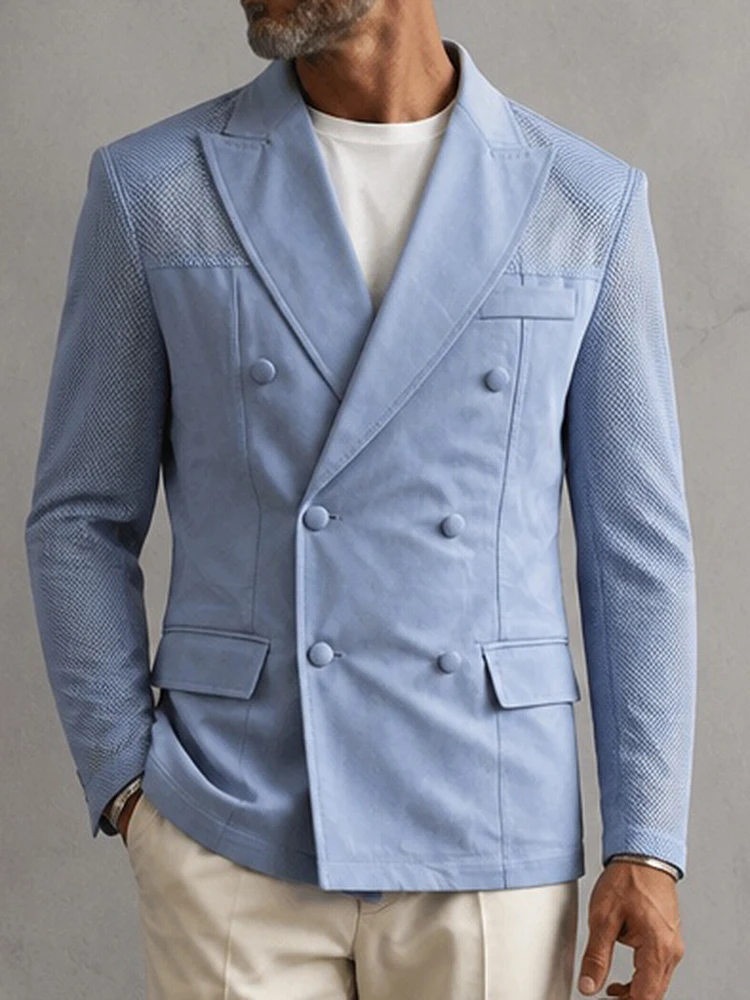 Men's Blue Casual Business Blazer Mesh Spliced Long Sleeve Double Breasted Peak Lapel Hollow Suit Jacket Fashion Party Outerwear