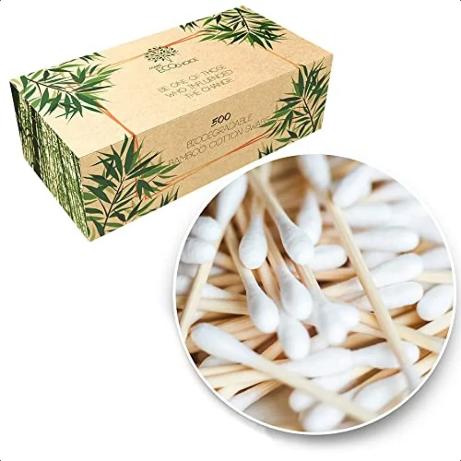 Tamponi di cotone di bambù biodegradabili Premium 500 Prodotti a scarto zero Punte Q composibili per orecchie Tampone di trucco senza plastica Sicurezza