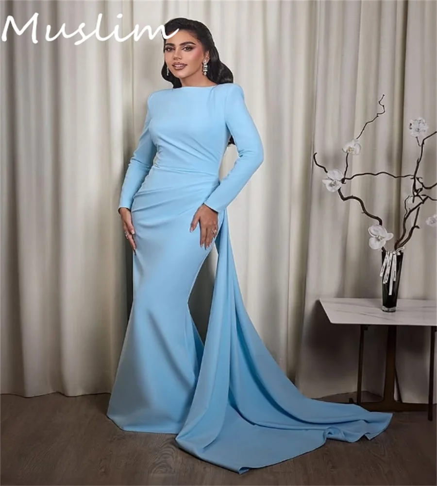 Vestido de noche de sirena azul claro con tren vestido de fiesta árabe musulmán manga larga ocasión de cumpleaños británica Formal personalizado