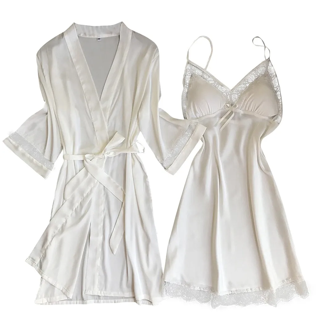 2PCS Silk Satin Sexy Lace Lingerie Nightgowns Robes Sets for Women 2023 Summer Bathrobe Sleepwear Nightdress Night Dress Nighty