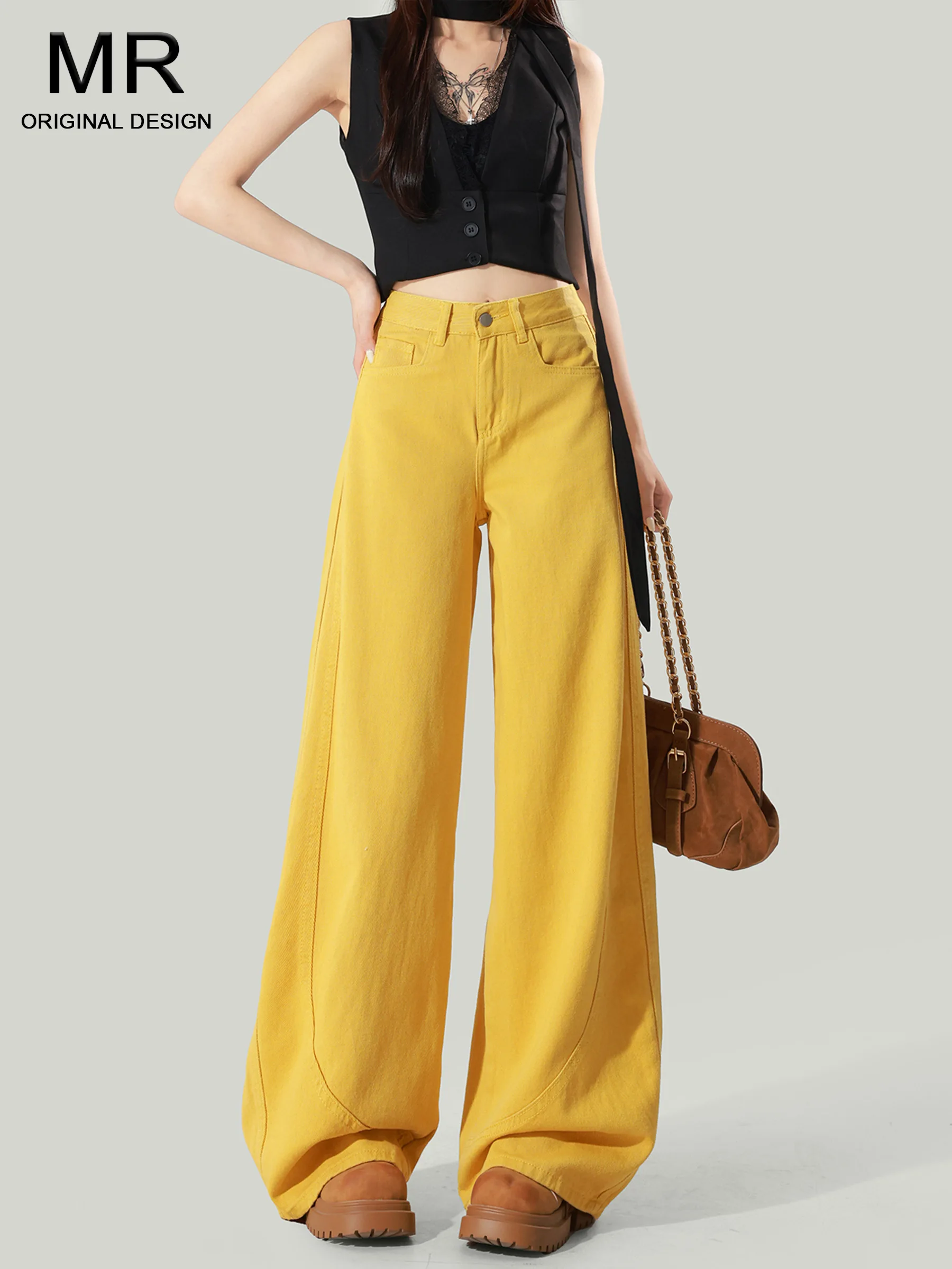 

Желтые американские джинсы с высокой талией и широкими штанинами для женщин, летние, свободные, стройнящие, струящиеся, в пол, прямые брюки, повседневный стиль