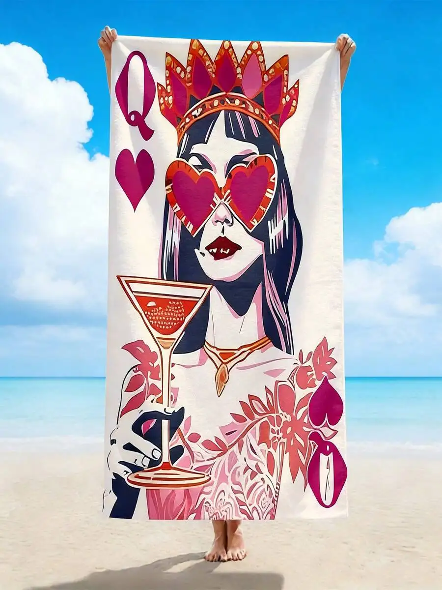 

Queen Of Hearts Beach Towel With Martini Print, Boho Floral Design, Microfiber Quick Dry Towel For Pool And Beach