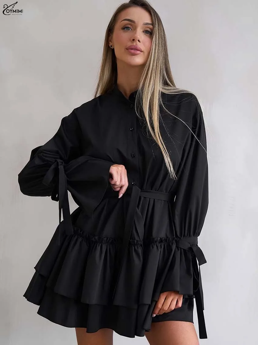 

Oymimi Fashion Black O-Neck Women's Dress Elegant Long Sleeve Lace-Up Loose Dresses Autumn Button Pleated Mini Dresses Female