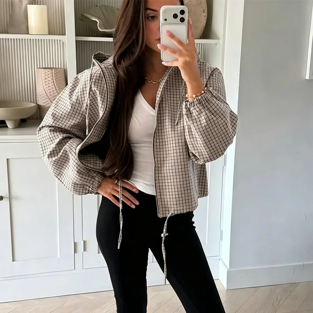 Damen Casual Trendige Frühling Herbst Karierte Jacke mit Kapuze und Reißverschluss-Taschen, Modische High-Street Coole Outfit-Jacke für Frauen – Detail 2