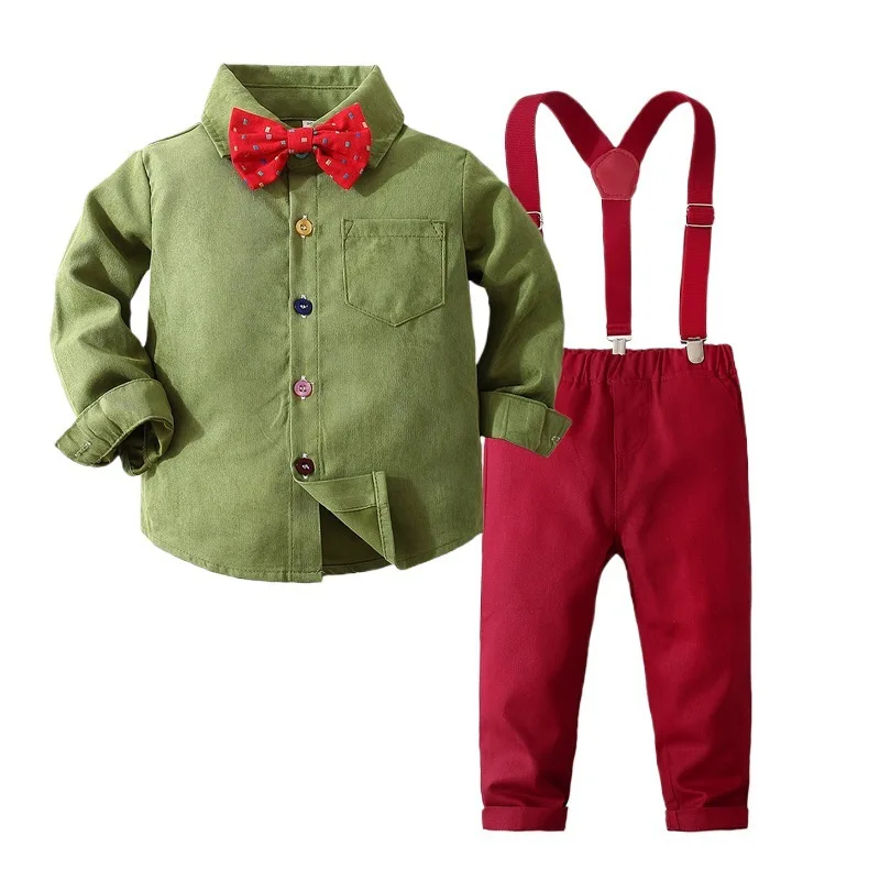 Kids Boys Fashion Gentleman 2Pcs Outfit Shirt Suspender Pants Bow Tie Formal Suit for 90-130cm