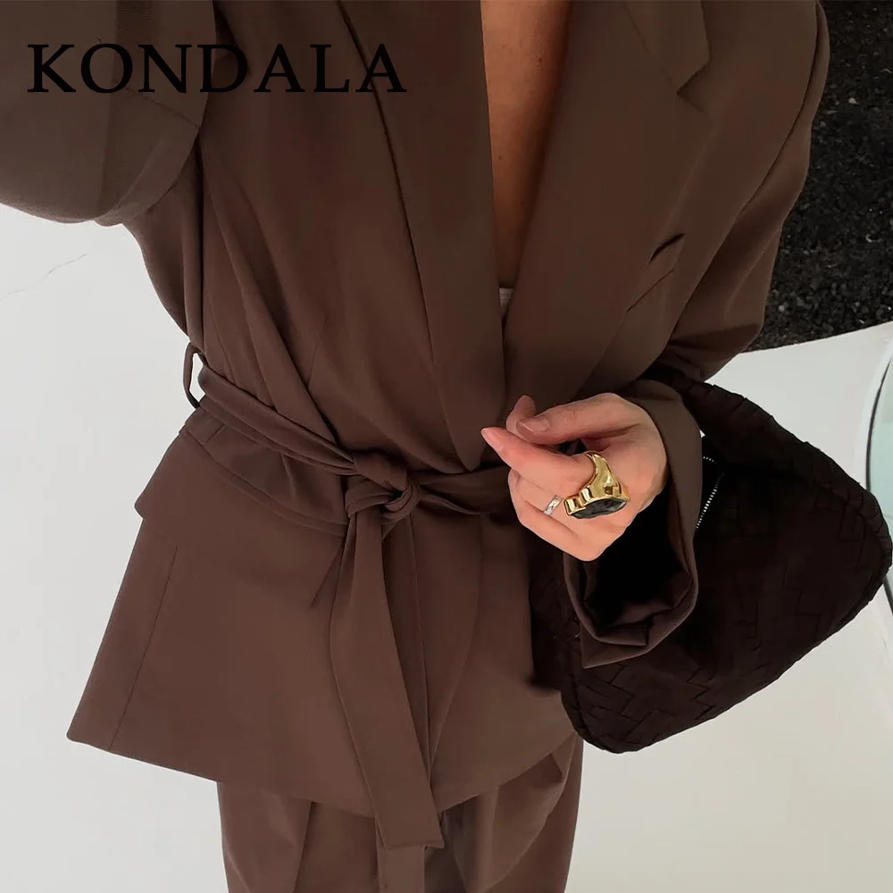 KONDALA 2025 Jesień Zima Elegancki Brązowy Garnitur Damski Biurowy Modny Casualowy Z Paskami Oversize'owy Żakiet Chic Zapinany na Zamek Długie Spodnie