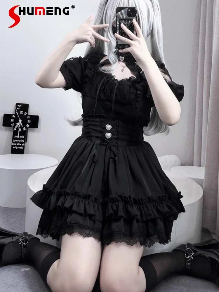 

Original Japanese Mines Style Subculture Lace Square Neck Bow Short Sleeve Shirts High Waist Lace-up Skirts Two-Piece Set Women