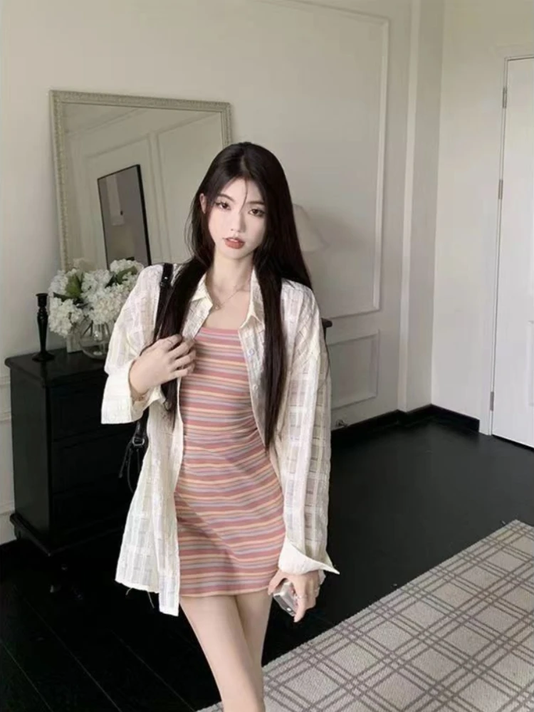 

Summer New Fashion Women's Suit Striped Knit Camisole Dress Bodycon Skirt Slimming Hot Girl Sun Protection Shirt Pure Sexy Style