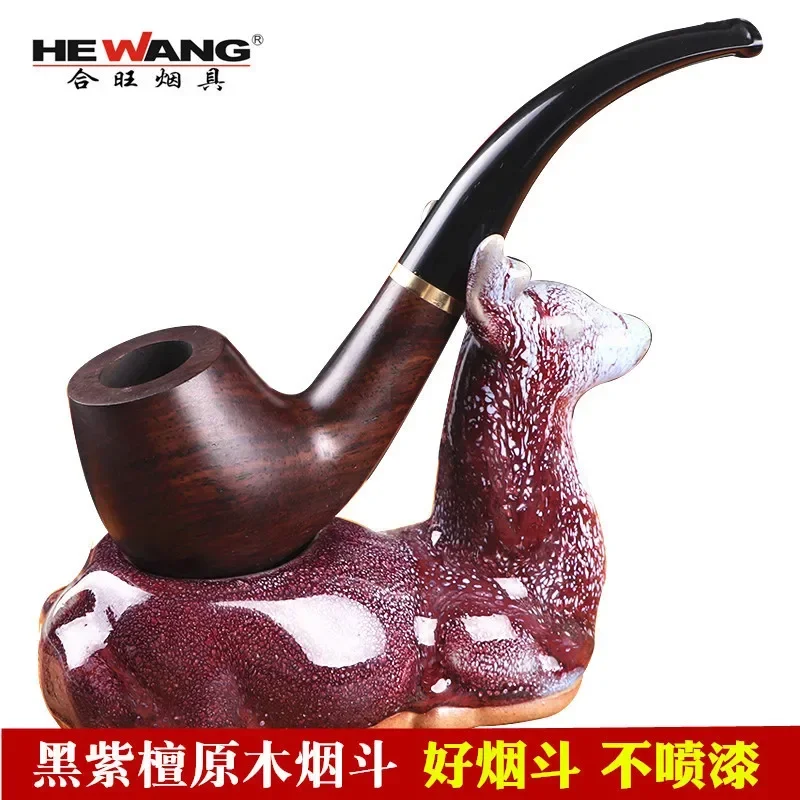Pipe manual solid wood cut tobacco pipe ebony pipe old-fashioned dry tobacco 9mm filter cigarette set for men