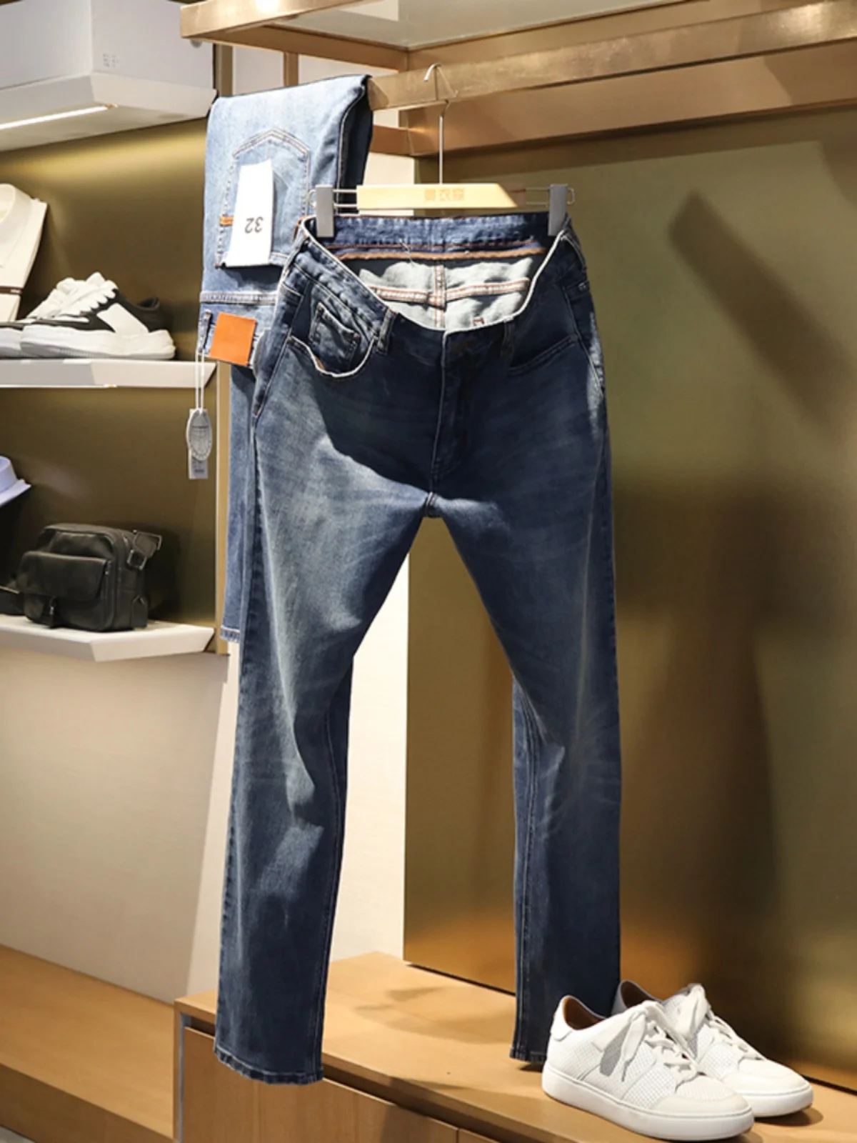 

Мужские джинсы прямого кроя из хлопкового денима, весна 2024, модные, с высокой эластичностью, повседневные, со средней посадкой, на молнии