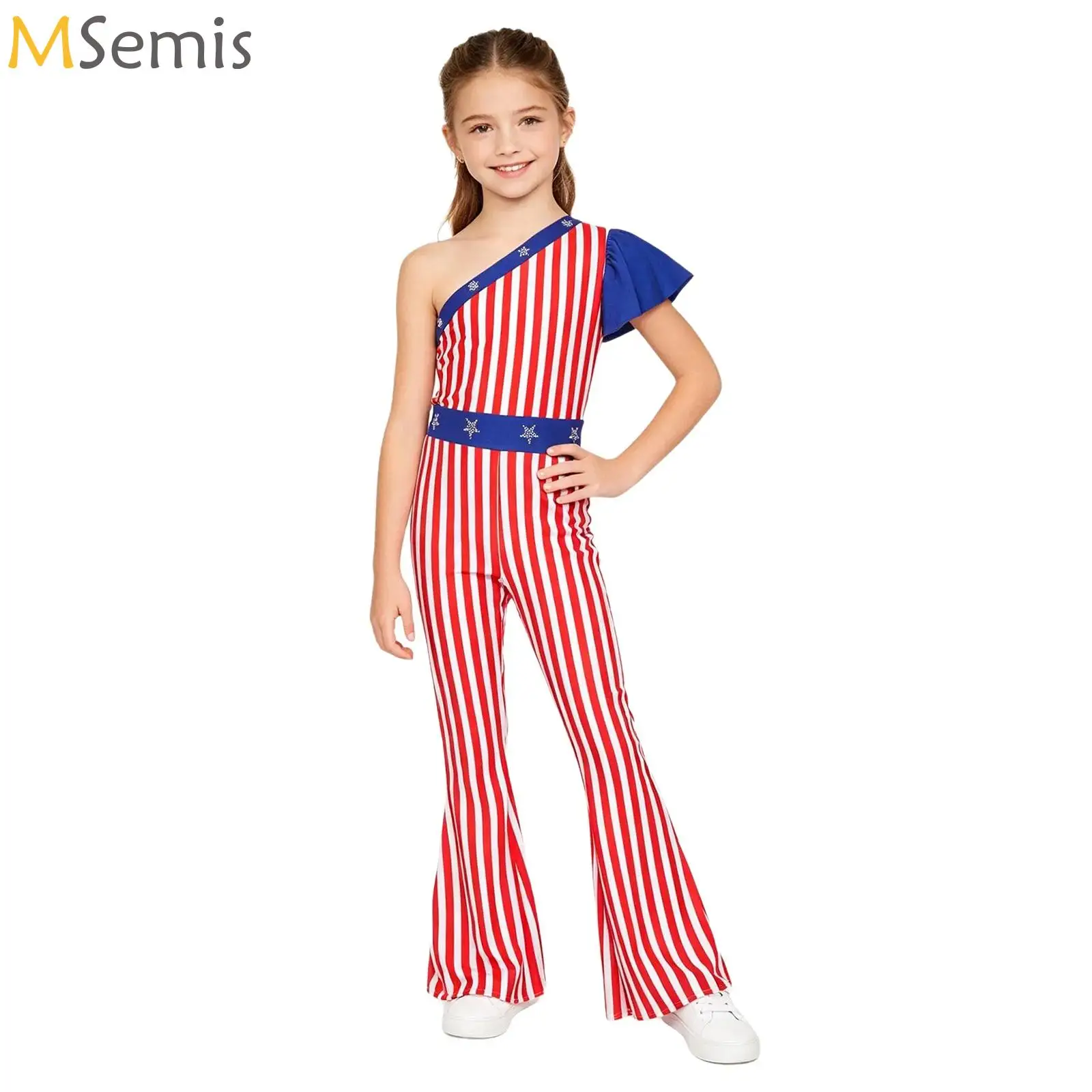 

Kids Girls Ballet Dance Jumpsuit Sparkly Stars Striped One Shoulder Gymnastics Unitard Bodysuit Hippie Holiday Costume Dancewear