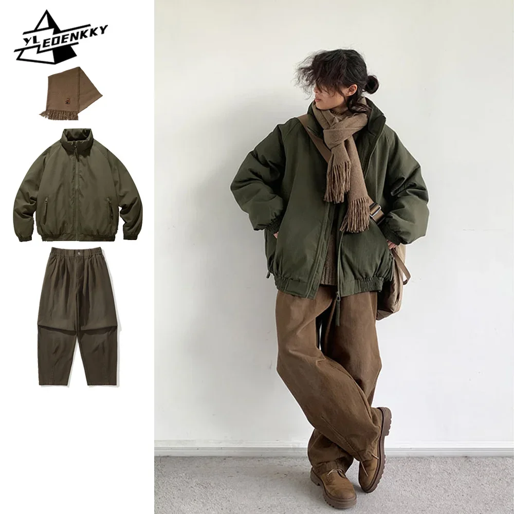 Zimowy zestaw retro mężczyźni kobiety zagęszczona ciepła lekka parka + luźne proste nogawki szerokie nogawki Casual Cargo spodnie japoński garnitur unisex