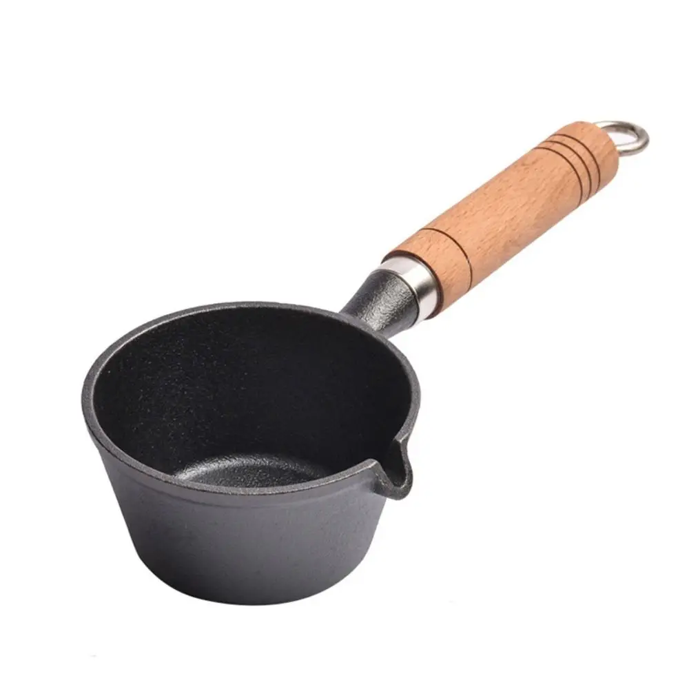 

Durable Cast Iron Oil Pouring Pan Drip-Spouts Wood Handle Milk Pot Nonstick No Coating Frying Egg Pan Sauces