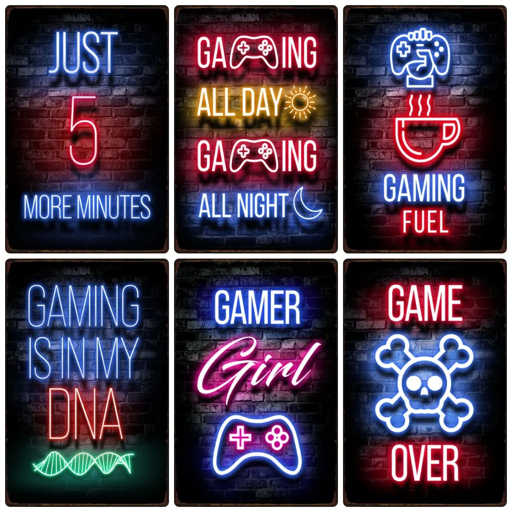 Vintage Gaming Zone Metal Plate, Neon Light Style Plaque, Gamer Quotes, Metal Sign, Painting Stickers, Playroom Poster, WY198