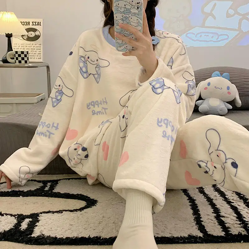 

Горячие женские теплые пижамы в стиле аниме «Hello Kitty», милые куроми, милые кавайные толстые брюки с длинными рукавами, повседневная одежда для молодых женщин