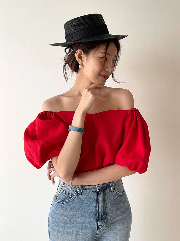 Two-Way Wear oulder Bared Bubble Sve irt Women's Faion Korean Sle Commute Straight Cut ort Sve Pure Color Top