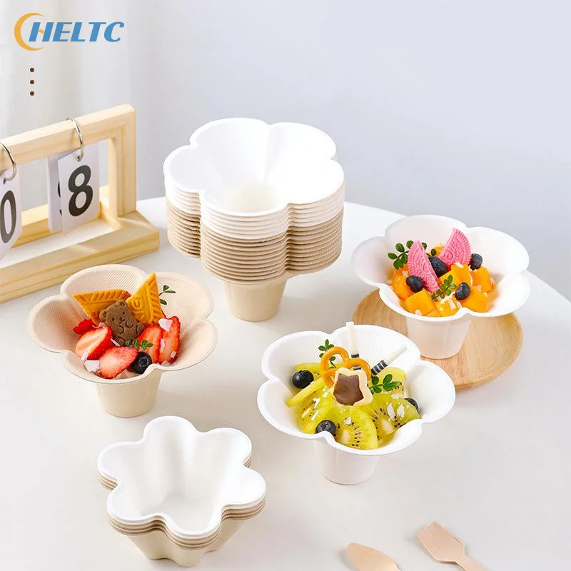 10pcs Petal Shaped Disposable Paper Bowl Picnic Birthday Party Handheld Home Ice Cream Dessert Packing Cup Fruit Oat Yogurt Bowl