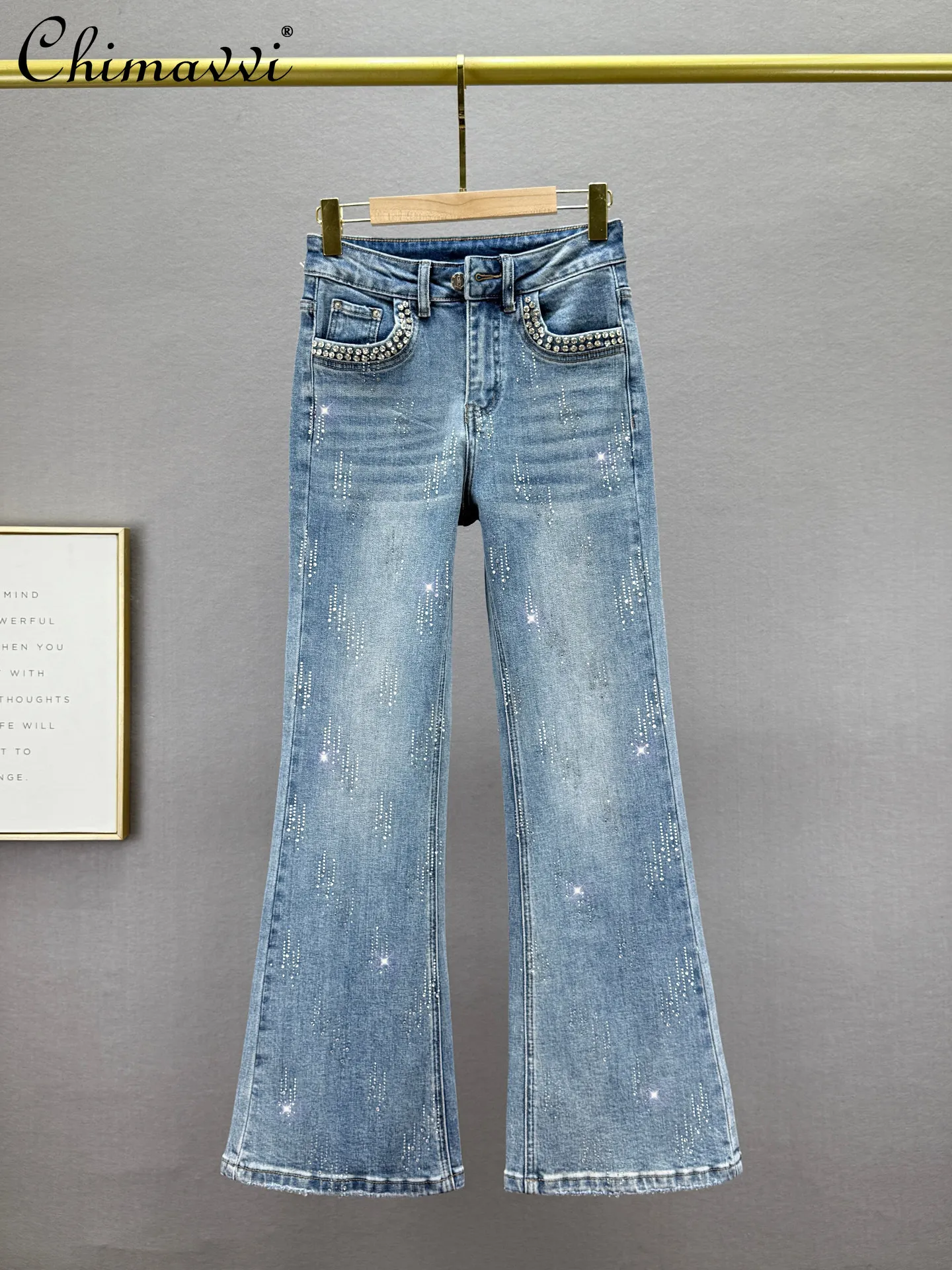 

Женские джинсы-клеш с тяжелыми стразами, новая весенняя коллекция, модные, эластичные, с высокой талией, облегающие, в европейском винтажном стиле