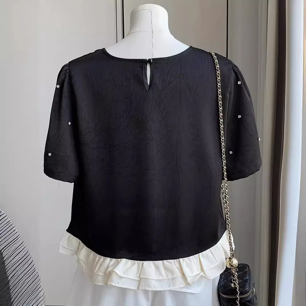 High end chic diamond inlaid bubble short sleeved shirt for women's summer ruffle hem short top  tops