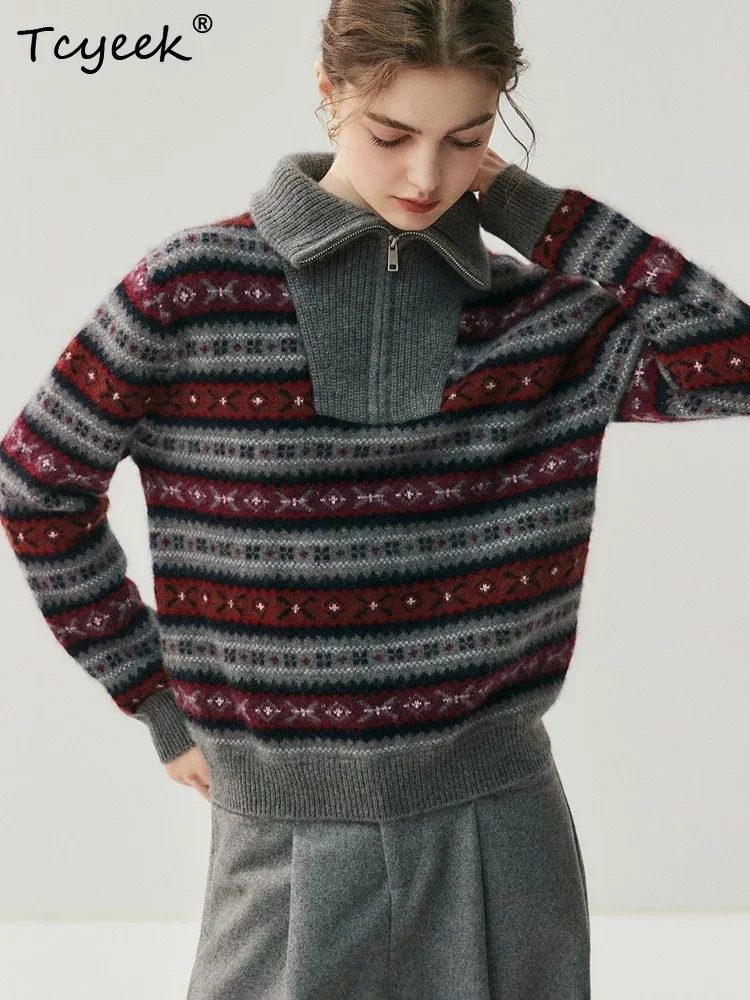 Luxury 100% Cashmere Women Sweater Pullover Autumn Winter Warm Zip Lapel Tops Loose Clothes Vintage Knit Transverse Twist Flower