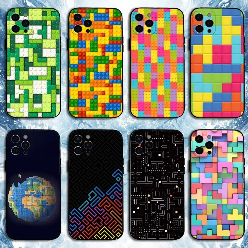 

1pc Game T-Tetris Block Phone Case For iPhone17,16,15,14,13,12,11 Plus,Pro Max, Soft Silicone Black Cover
