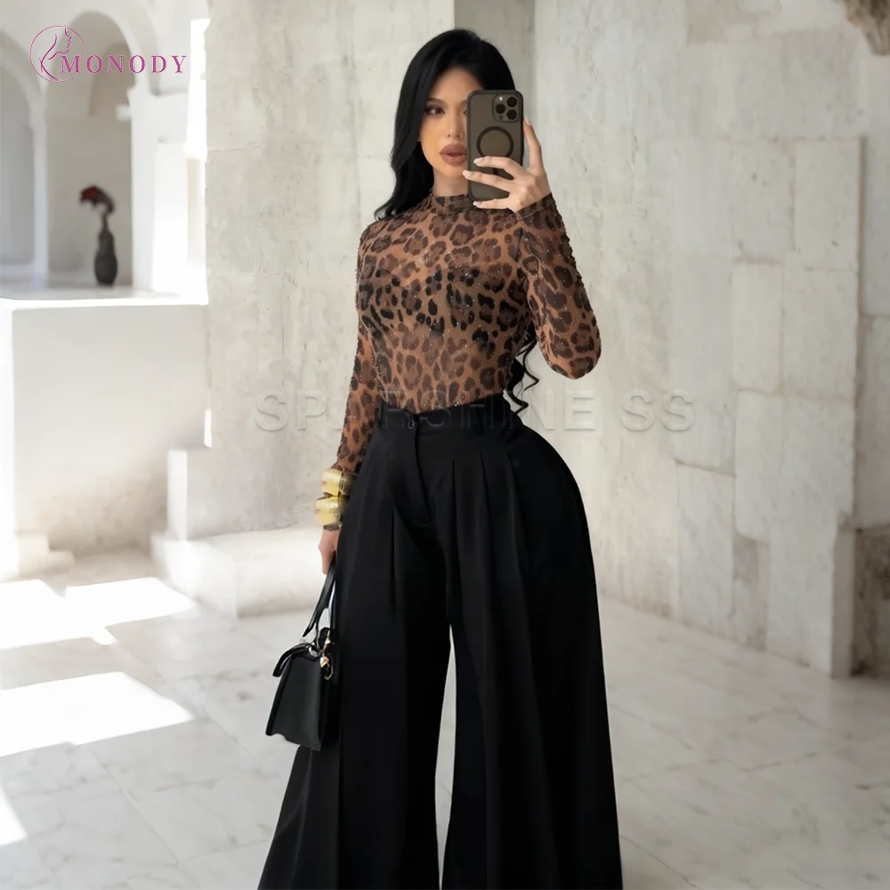 

Women Sexy Sheer Leopard Print Tops Slim Fitted Long Sleeve See-Through Mesh Shirts Vintage Streetwear with Rhinestone Decor