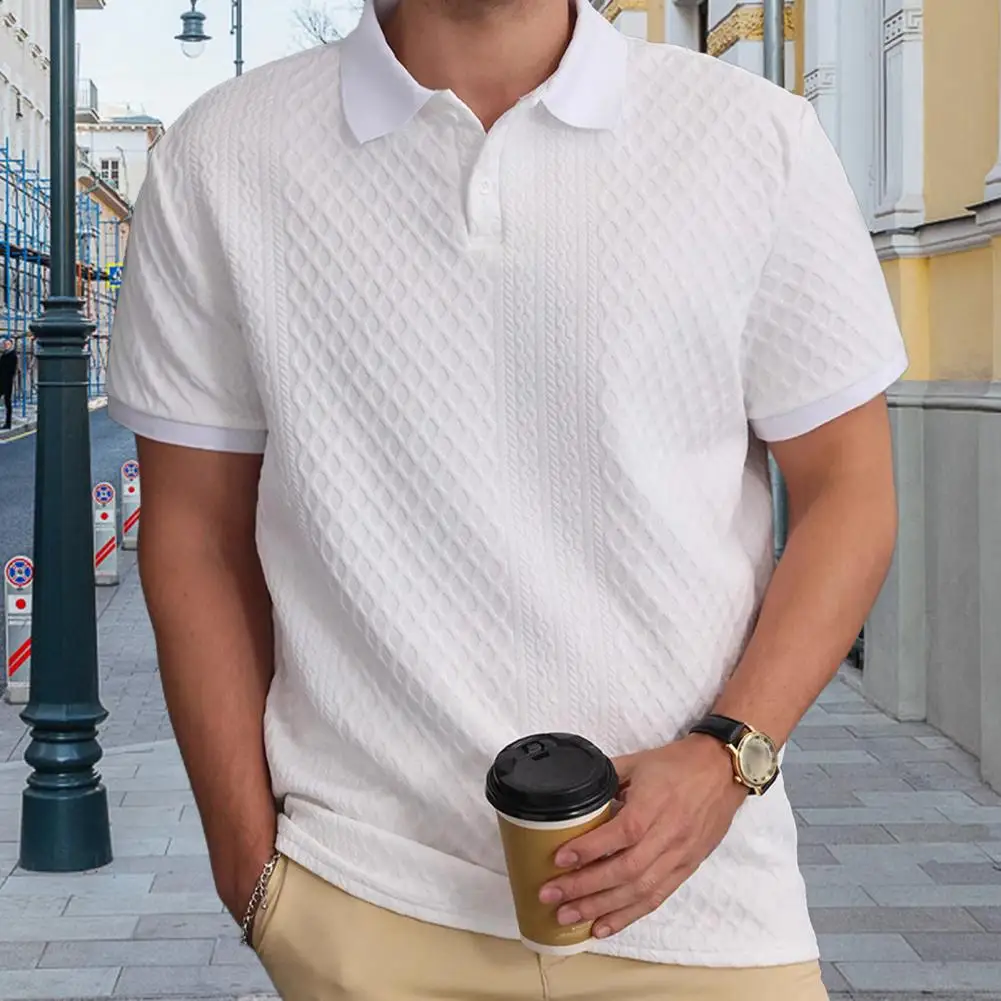 Atasan Pria Kerah Pendek Lengan Pendek Warna Solid Kaos dengan Dekorasi Jacquard Kain Jacquard Warna Solid Hoodie Ringan