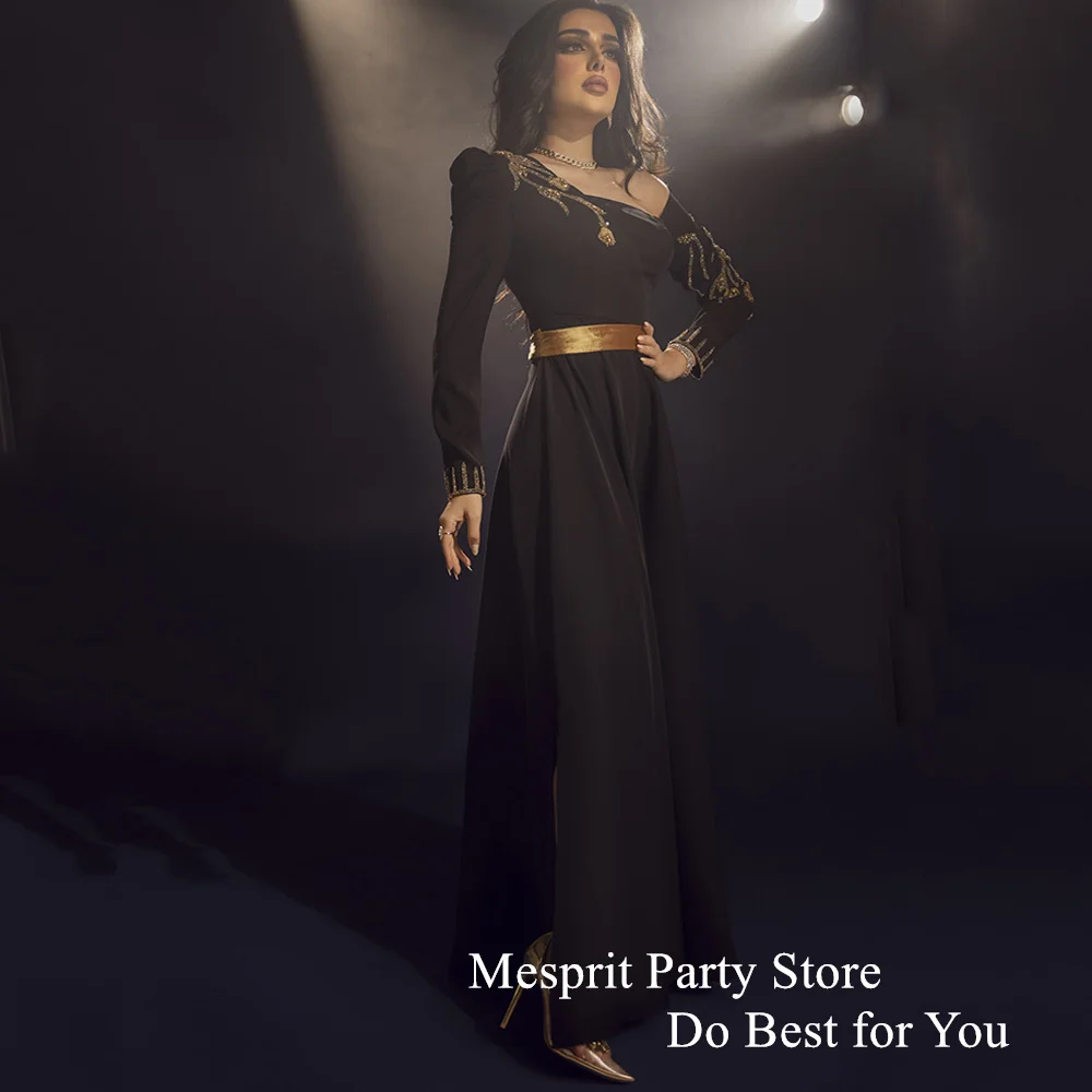 

Mesprit Black Evening Dress with Gold Beading Long Sleeves Ankle Length A Line Formal Occasion Dress Arabian Prom Gown