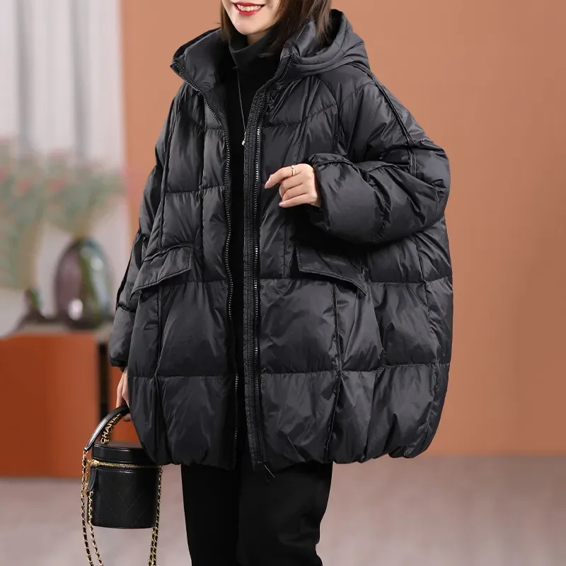 

Women White Duck Down Jacket with Hood Autumn Winter Warm Outwear Casual Loose Over Size Outwear Thick Coat 2024 New