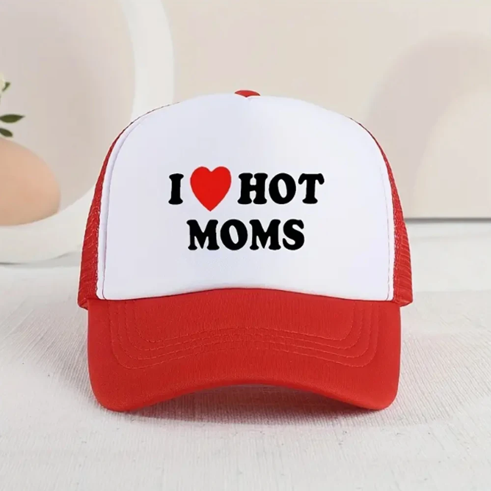 I Love Hot Moms Baseball Cap Printed Mesh Trucker Hat Breathable Adjustable Sunscreen Dad Hats For Women & Men