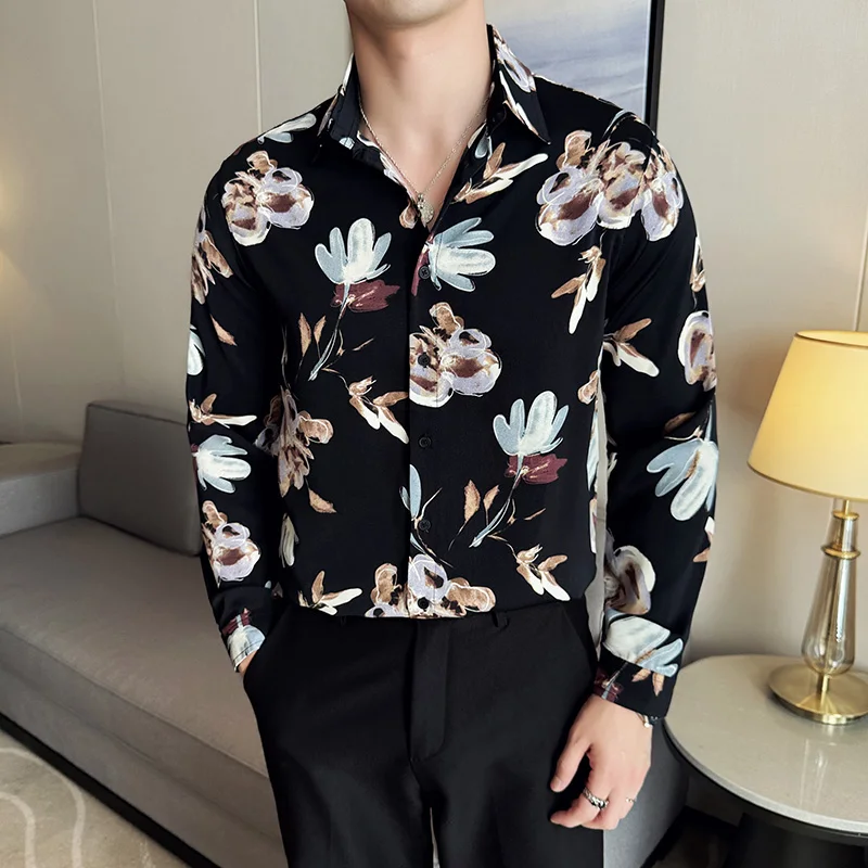 

Деловые рубашки с длинным рукавом в британском стиле, мужские тонкие повседневные рубашки с цветочным принтом в стиле ретро, классическая рубашка с лацканами, социальная офисная уличная одежда