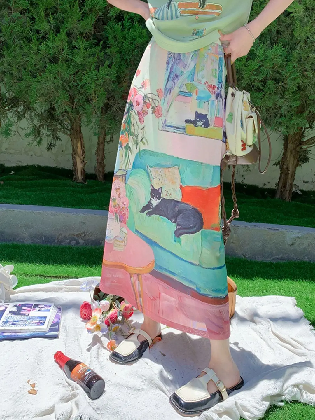 

Облегающая юбка трапециевидной формы с цветным принтом, женская летняя сетчатая юбка-миди из полиэстера с высокой талией, эстетичная офисная одежда Cottagecore