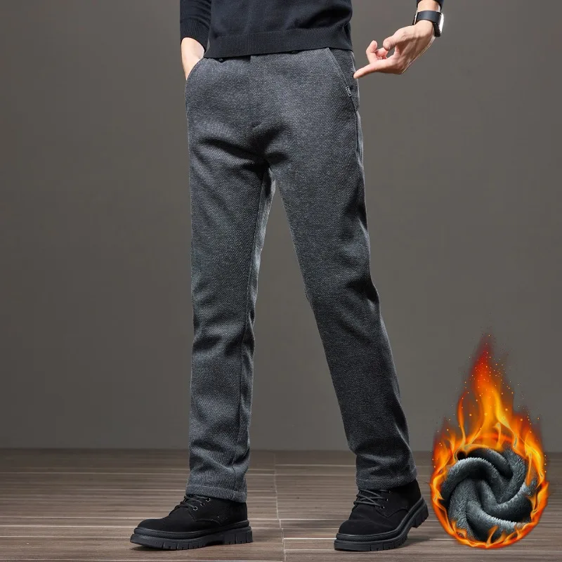 

Повседневные брюки из синельного флиса, мужские зимние деловые брендовые удобные брюки, толстые бархатные модные прямые эластичные плюшевые брюки