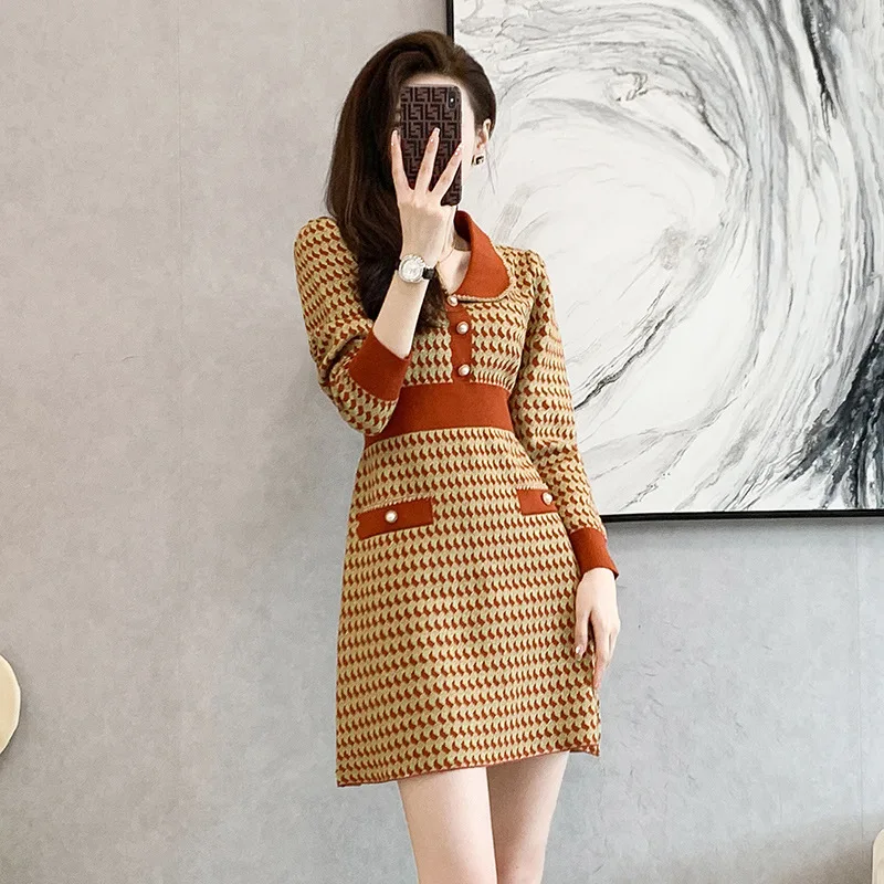 

#1021 Autumn Winter Short Sweater Dress Women Polo Neck Sexy Vintage Mini Dress Long Sleeve Office Knitted A-line Dress Female