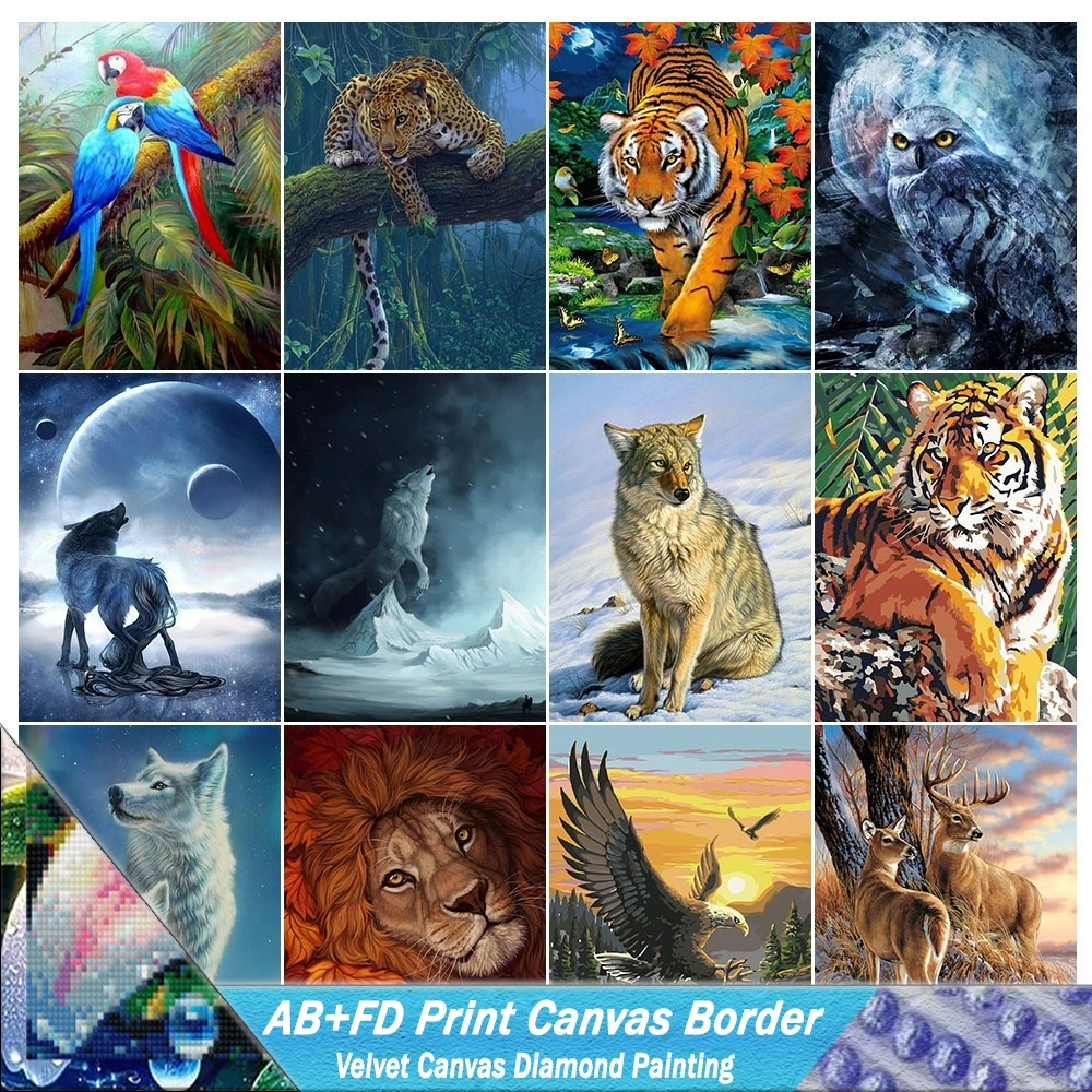 5D DIY AB FD Print Canvas Border Diamond Painting Kits Animal Series Pictures Parrot Tiger Owl Deer In Snow Mosaic Handwork