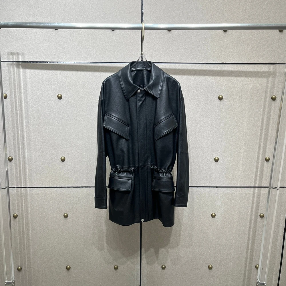 

Высококачественная женская куртка из натуральной кожи, облегающая куртка с завязками на талии, топ, элегантный пригородный плащ, новинка зимы 202, новинка