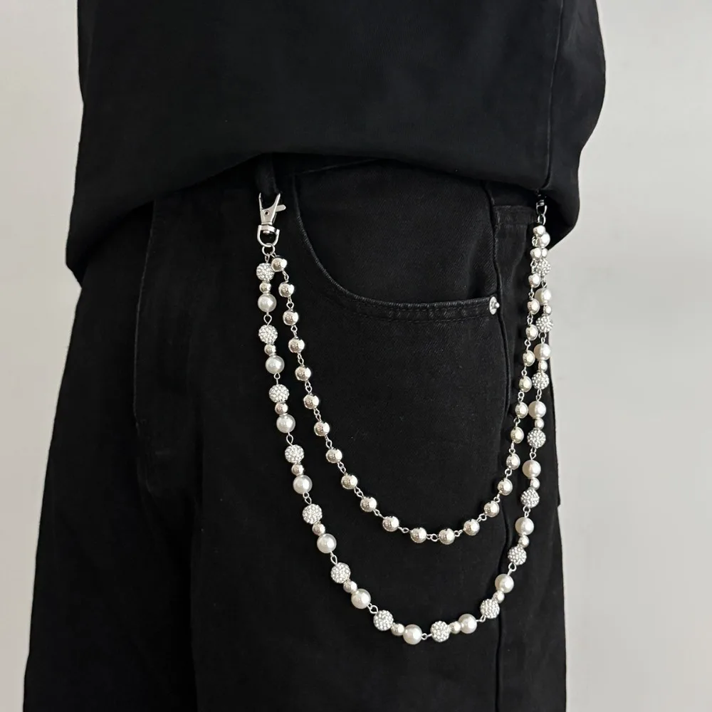 

Fashion Double Layer Pants Chain Hip Hop Imitation Pearl Trouser Jeans Chain Gift Rhinestone Beaded Keychain Men