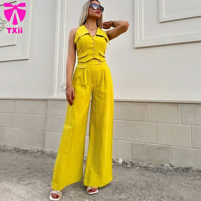 

Women's 2-piece sleeveless lapel single breasted top, high waist wide pants set, 2024 summer fashionable women's set