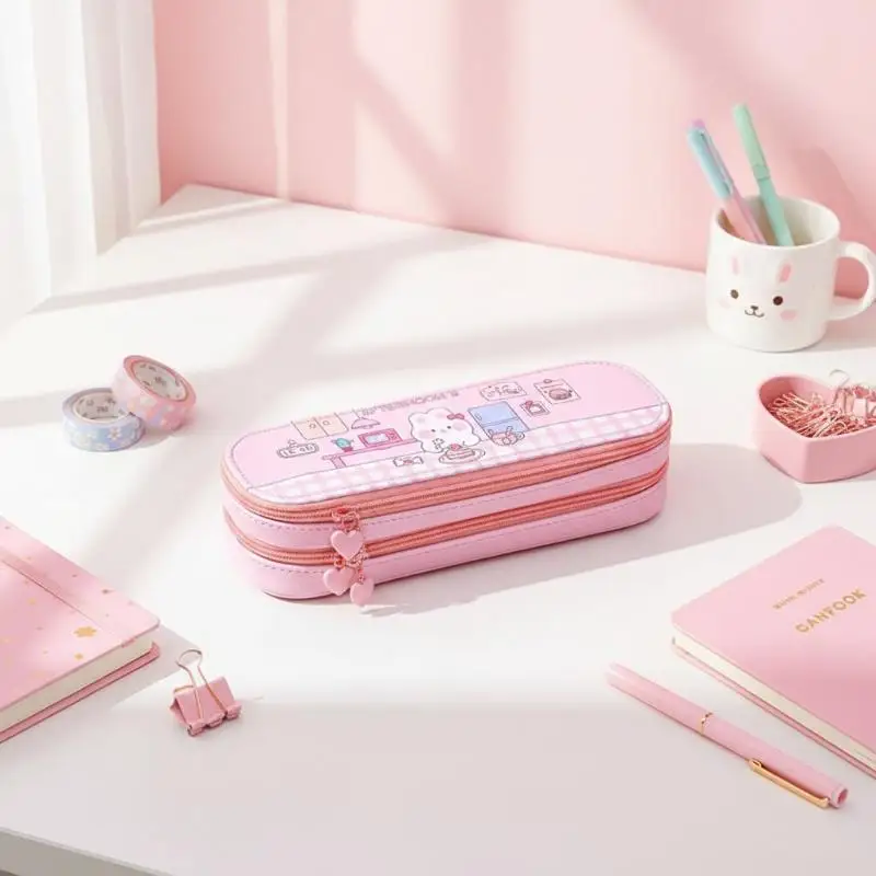 Kawaii 2-lagiges Federmäppchen für Mädchen und Kinder, großes Fassungsvermögen, Reißverschluss, Federmäppchen, Aufbewahrungstasche für Schreibwaren, für den täglichen Gebrauch von Lernmaterialien