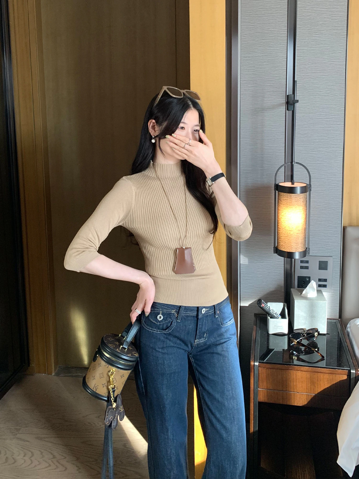 

Slim Fit Knitted Top Pure Color Half High Collar Medium Sleeve Women's Fashion Spring New Style Casual Comfortable Knitwear